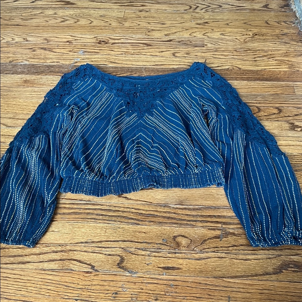 Free People Navy Blue Embroidered Top